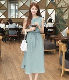 2016韩国代购Cherrykoko夏新款韩版系带长裙圆领纯色无袖女连衣裙
