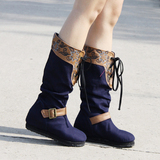 春季老北京布鞋女靴民族风中筒单靴平跟短靴内增高坡跟绣花靴子