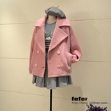 15秋冬女装Lin同款外套 韩版圈圈羊毛呢大衣宽松版藕粉色毛呢外套