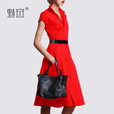 魅斑2016夏装新款欧美大码女装短袖修身优雅气质红色大摆连衣裙潮