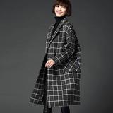 2015冬季新女士韩版修身中长款格子羊毛呢子大衣长袖外套大码宽松