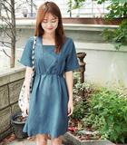 7韩国正品代购Cherrykoko夏装麻质混纺收腰纯色气质蓝色连衣裙