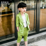 男童西装套装 童装夏款W1515韩版潮麻料休闲宝宝儿童夏款两件套装