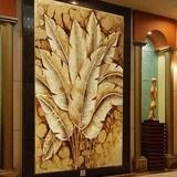 欧式客厅油画玄关装饰画纯手绘抽象东南亚金箔芭蕉叶竖版过道挂画