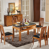 火烧石餐桌 伸缩圆桌简约现代新中式橡木全实木餐桌椅组合大理石