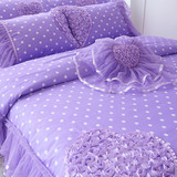 韩版全棉心恋公主蕾丝花边床裙款四件套紫色梦幻心形波点床上用品
