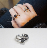 韩国925纯银复古链条黑玛瑙做旧开口戒指不对称泰银食指戒礼物