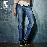 五折包邮ALA MASTER新款时尚潮流韩版蓝色猫须压皱修身牛仔男长裤