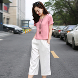 2016夏季女装短袖T恤套装时尚棉麻两件套韩版气质修身亚麻上衣潮