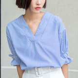 2016夏季韩版宽松显瘦灯笼袖蓝色条纹衬衫女V领露背百搭短袖上衣