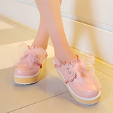 大码粉色甜美布洛克雕花丝带蝴蝶结坡跟圆头单鞋松糕厚底高跟女鞋
