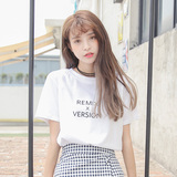2016韩国夏季新款百搭宽松白色字母T恤女学生小清新圆领短袖上衣