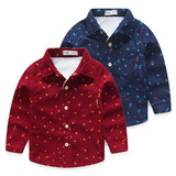 童装2015秋冬新款 男童满印草莓加绒加厚翻领衬衫儿童长袖衬衣