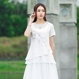 中国风女装夏装文艺范民族风撞色拼接素麻绣花短袖女T恤 复古上衣