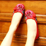 包邮老北京布鞋内增高女单鞋 民族风绣花鞋春季中跟坡跟红色婚鞋