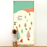 简约树林韩国手绘门贴纸儿童房木门衣柜门翻新自粘装饰画卧室推拉