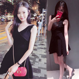 香港韩国代购2016新女装V领性感修身小黑裙无袖中裙子背心连衣裙