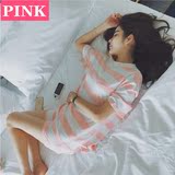 2016韩国PINK睡衣女夏季条纹宽松大码短袖短裤休闲运动家居服套装