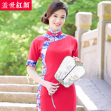 盖世红颜红色真丝旗袍2016夏新款纯色老上海传统长旗袍裙中式礼服
