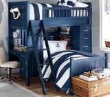 地中海蓝全实木儿童上下床带书桌 书柜 储物柜 多功能儿童子母床