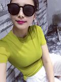 2016春夏新款薄透短袖T恤女韩版短款小圆领套头弹力修身黄色潮