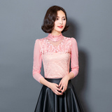 2016秋装大码女装韩版长袖高领网纱蕾丝衫打底衫短款修身款上衣薄
