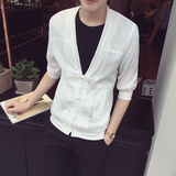 潮男2016夏季时尚款短袖T恤韩版修身半袖个性中袖原创V领五七分袖