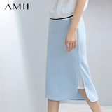 Amii[极简主义]2016夏新品拼接雪纺开叉大码中长半身裙女11671226