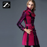 ZK2016春装新款女装经典复古双排扣风衣女式外套 中长款拼接格子