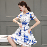 2016夏季新款女装韩版修身显瘦圆领印花短袖欧根纱连衣裙白色短裙
