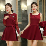 连衣蕾丝套装长裙长袖夏季新款016女装夏装韩版两件2016春装红色