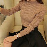 秋冬新款韩版竖纹修身显瘦短款针织衫女套头毛衣半高领加厚打底衫