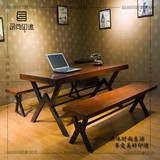 美式乡村复古实木餐桌椅组合酒店家居会议桌子做旧休闲饭桌长凳子
