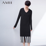 初上市价279元#Amii[极简主义]春新V领条纹开叉大码针织连衣裙