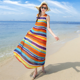 韩国代购2016夏款波西米亚度假沙滩大码裙长裙条纹背心雪纺连衣裙