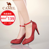 【热卖】Camel骆驼女鞋 时尚奢华亮片圆头腕带搭扣高跟鞋红色婚鞋