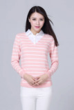 日韩版2015女装新款秋装长袖拼接衬衫领套头针织衫女假两件薄外套