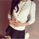 2016韩国女装春秋珍珠扣小外套圆领修身毛衣短款长袖针织衫女开衫