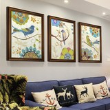 美式乡村装饰画  客厅沙发现代挂画  卧室床头花鸟三联有框墙壁画