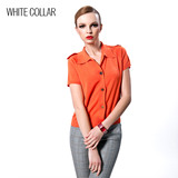 白领女装新款 橙色方领带肩袢短袖金扣 针织开衫 春装VI13-210