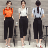 2016夏季新款韩版气质OL短袖衬衫背带八分裤工作服两件套装女