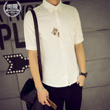 男士新款修身短袖衬衫夏季韩版情侣短袖衬衣小猫刺绣小清新潮衬衣