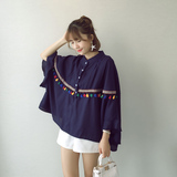 夏季新款韩版女民族彩色流苏蝙蝠袖衬衫大码宽松套头上衣+D68