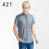 A21男装牛津纺短袖格子衬衫 2016夏季新品潮男时尚个性纯棉衬衣