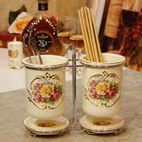 沥水防霉筷子筒 陶瓷描金欧式厨房置物架 高档创意双筒餐具笼篓