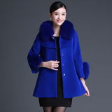 狐狸毛领羊绒大衣2015冬季新款女装斗篷型羊毛毛呢短款外套年轻款