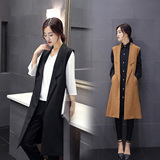 2016春季新款韩版纯色西装马甲黑色无袖休闲外套中长款西服马夹女