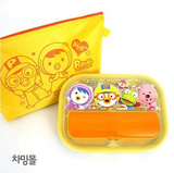 韩国进口宝宝餐具PORORO小企鹅儿童不锈钢密封盖饭盒餐盘配袋子