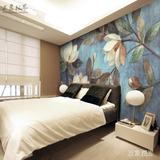 无缝客厅电视餐厅卧室沙发背景墙壁纸壁画墙纸蓝色复古油画荷花3D