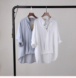 完美版型韩国单文艺范时尚简约前短后长V领棉麻衬衫BF蝙蝠衫衬衣